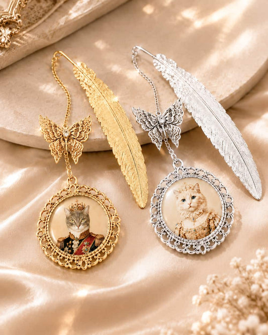 Gold and silver custom pet photo bookmarks shown together as a personalized gift for book lovers and pet owners.