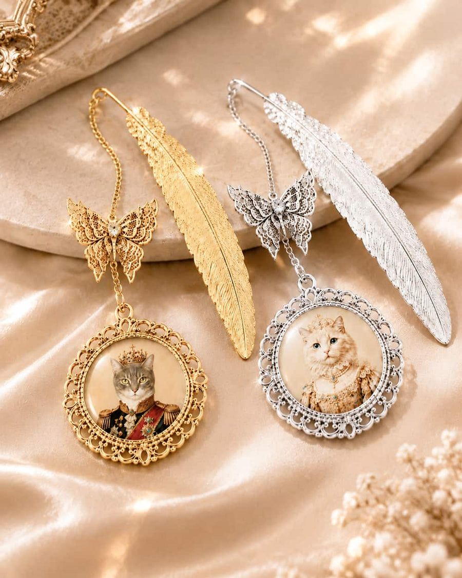 Gold and silver custom pet photo bookmarks shown together as a personalized gift for book lovers and pet owners.