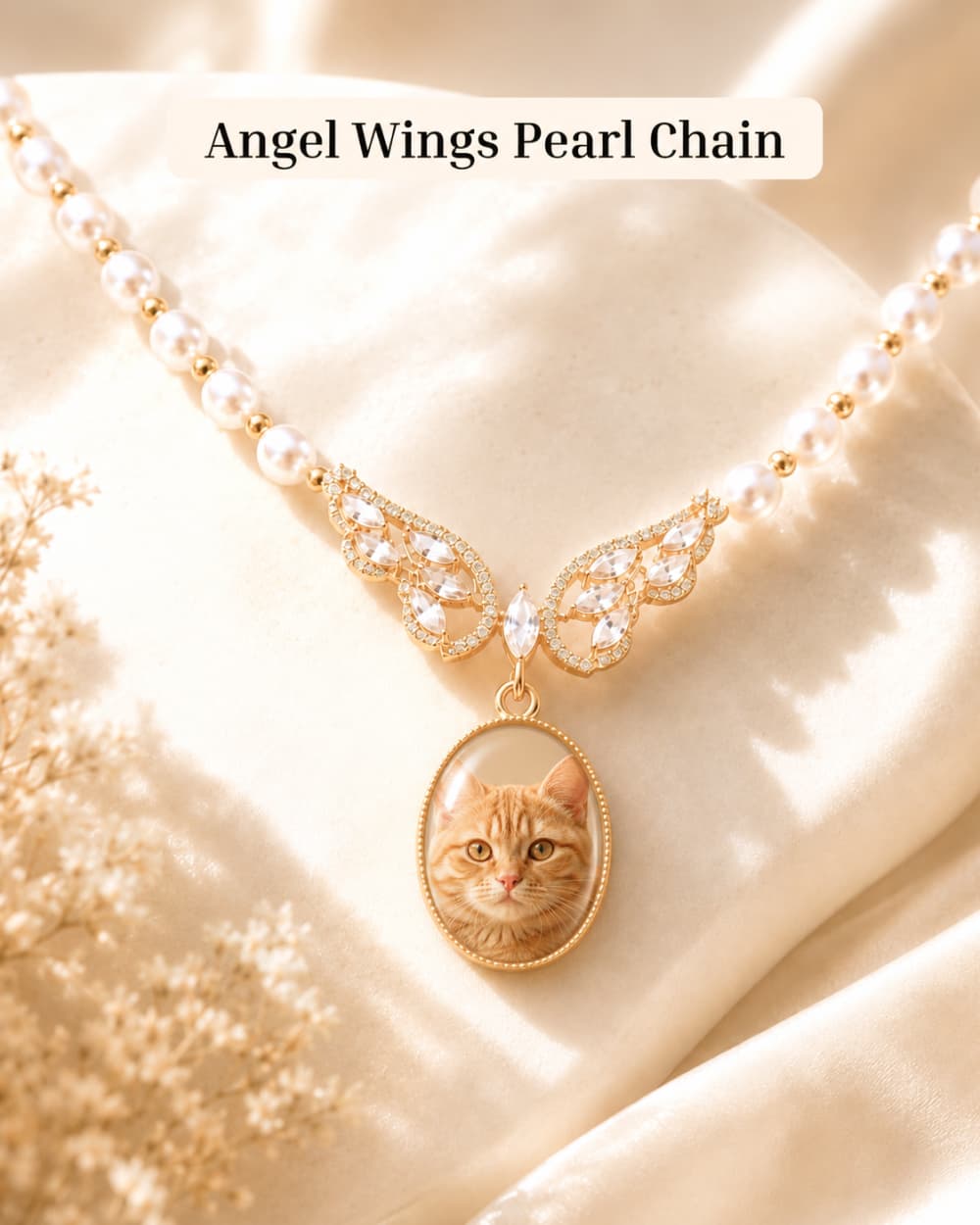 Custom pet photo necklace with Angel Wings Pearl Chain and personalized portrait pendant.