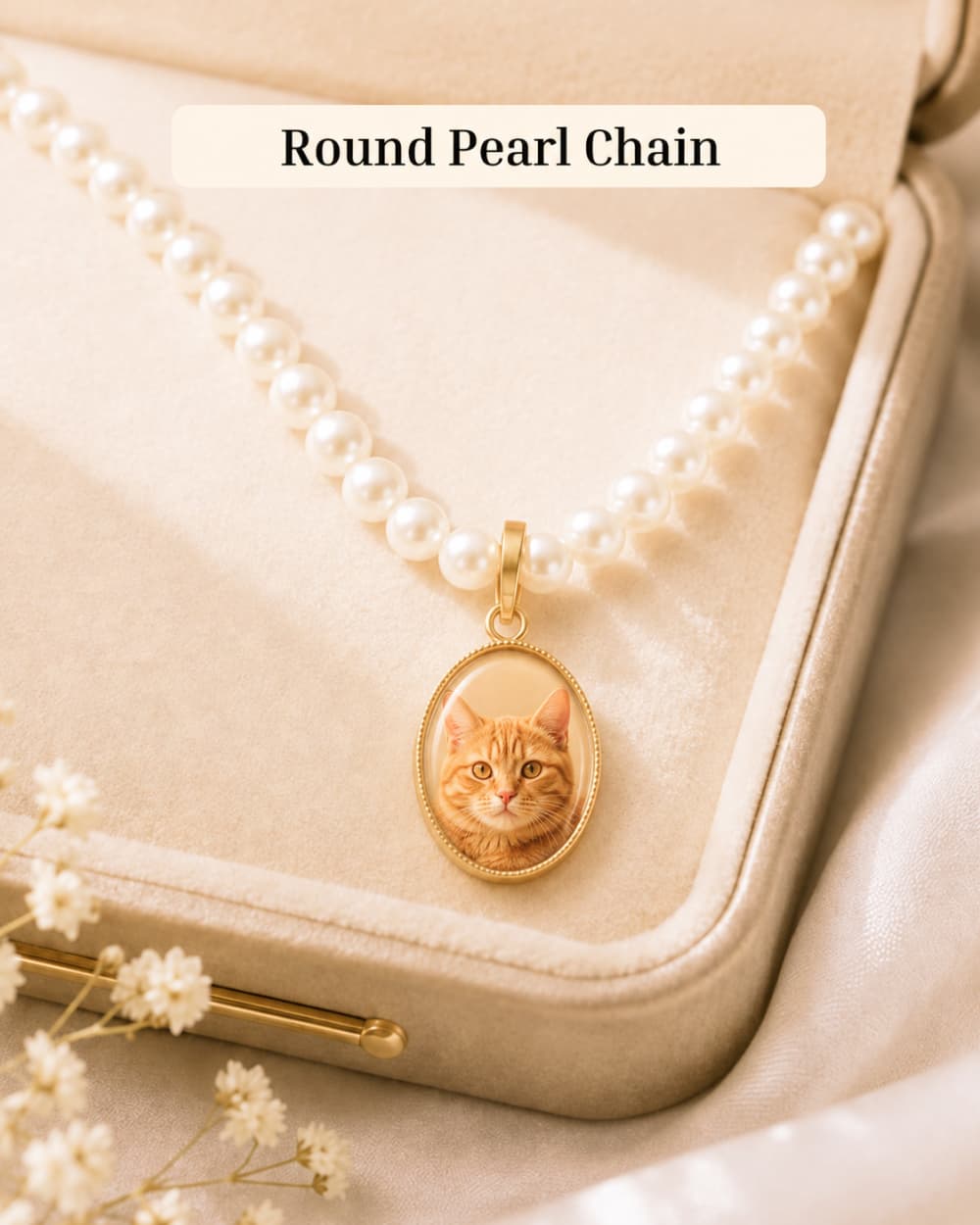 Custom pet photo necklace with Round Pearl Chain and personalized portrait pendant.