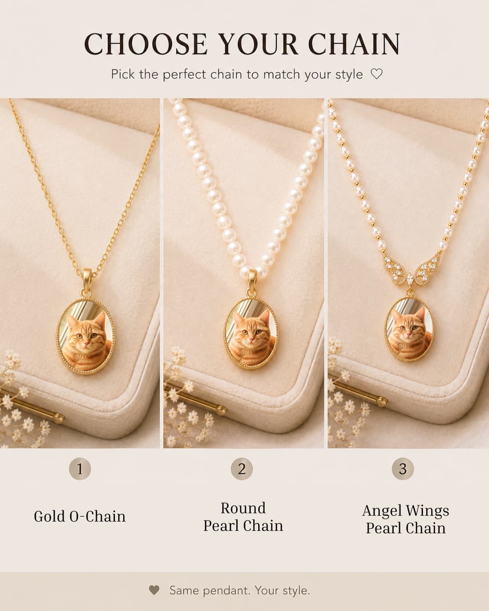 Gold, pearl and angel-wings chain options for a custom pet photo necklace.