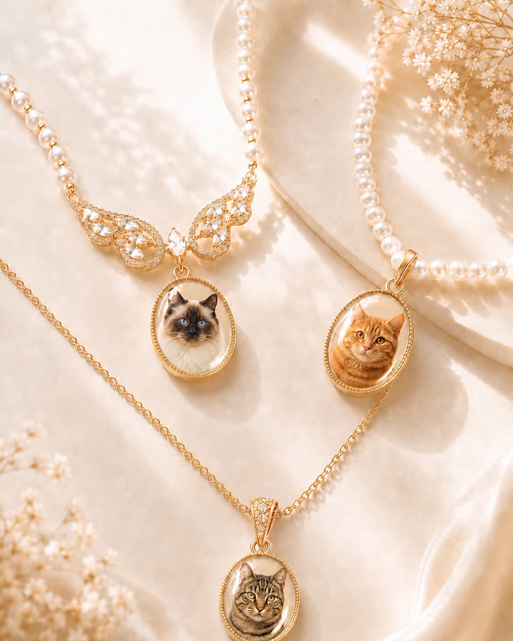 Three custom pet photo necklace options: Gold O-Chain, Round Pearl Chain and Angel Wings Pearl Chain.