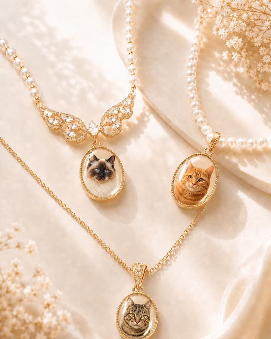 Three custom pet photo necklace options: Gold O-Chain, Round Pearl Chain and Angel Wings Pearl Chain.