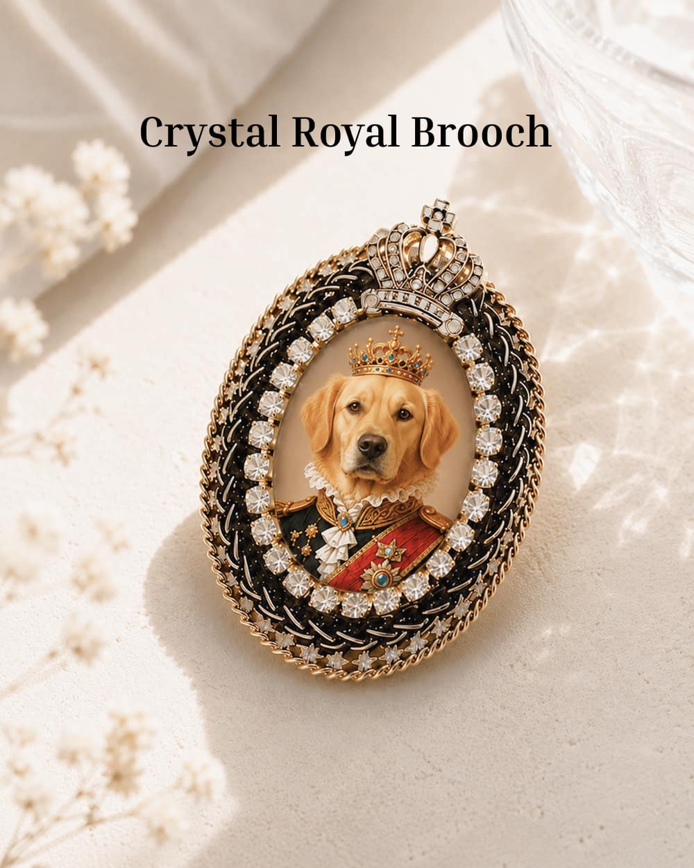 Crystal Royal Brooch custom pet portrait with dog royal artwork.