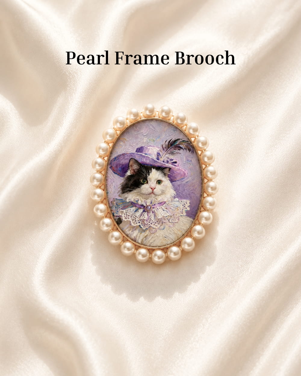 Pearl Frame Brooch custom pet portrait with purple cat artwork.