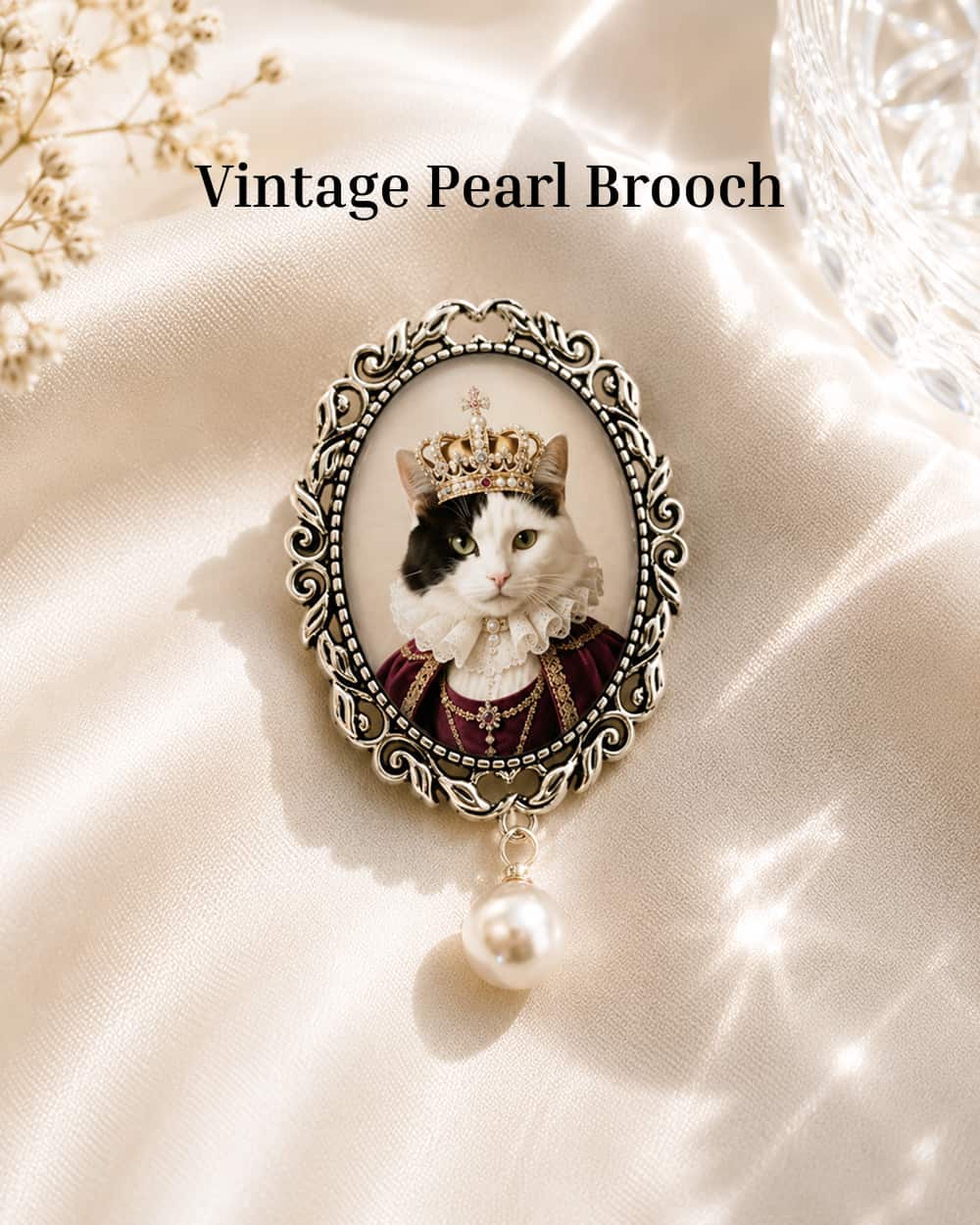 Vintage Pearl Brooch custom pet portrait with royal cat artwork.