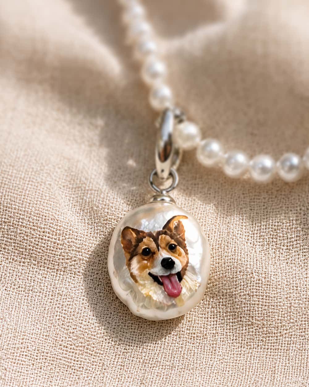 Custom dog portrait freshwater baroque pearl necklace pendant close up