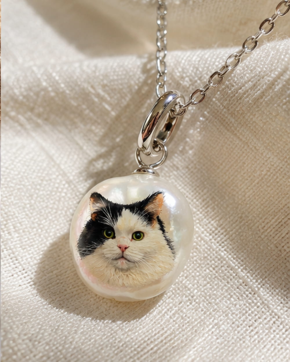 Hand-painted cat portrait on freshwater baroque pearl necklace pendant