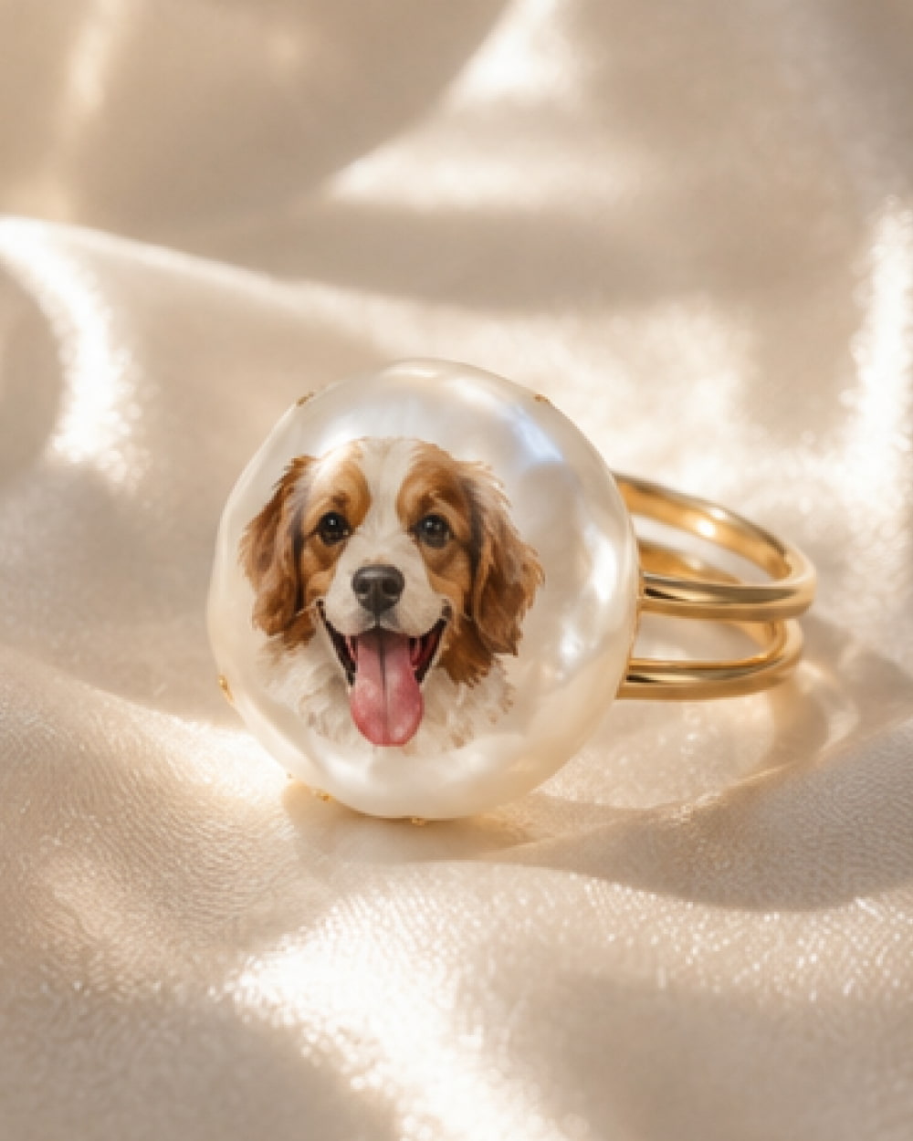 Custom dog portrait hand-painted on freshwater baroque pearl ring