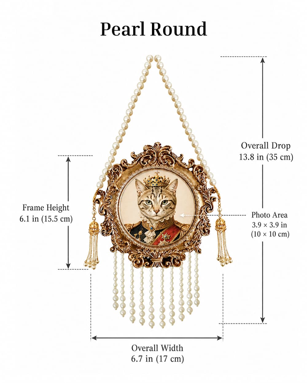 Pearl Round custom pet portrait frame size guide for personalized pet wall art.