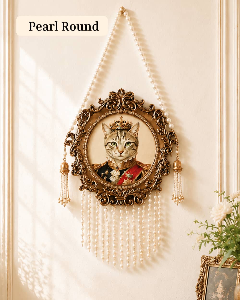 Pearl Round custom pet portrait frame with vintage pearl decorations for personalized pet wall art.