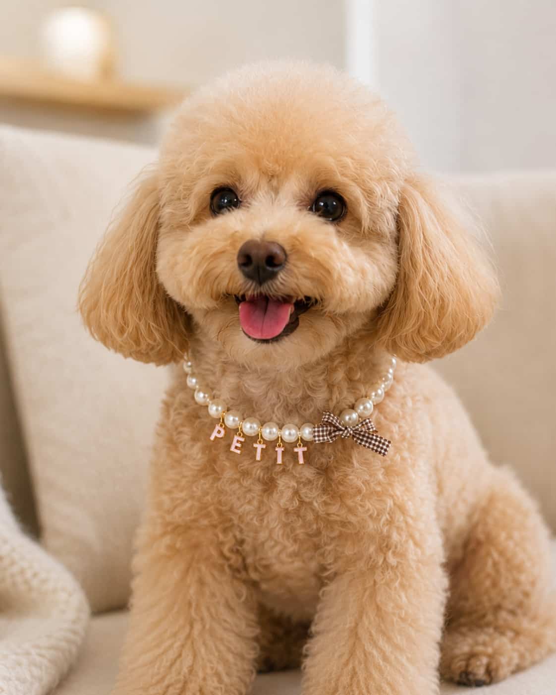 Toy poodle wearing personalized pearl name collar