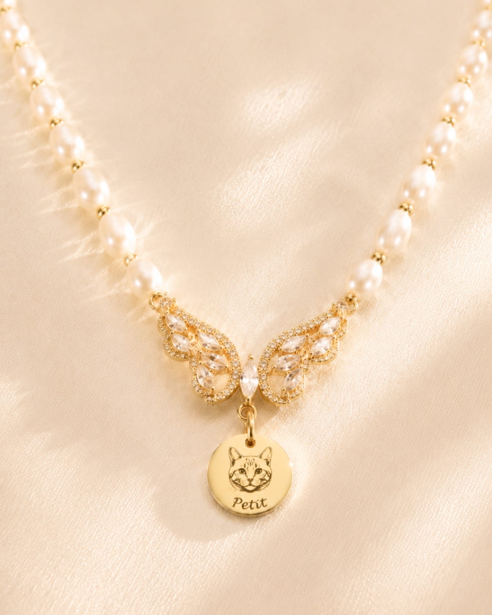 Custom pet photo angel wings pearl necklace with gold pendant and faux pearl chain.