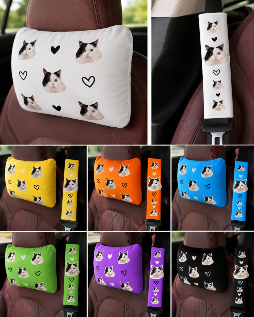 Personalized pet car accessory set available in multiple color options.