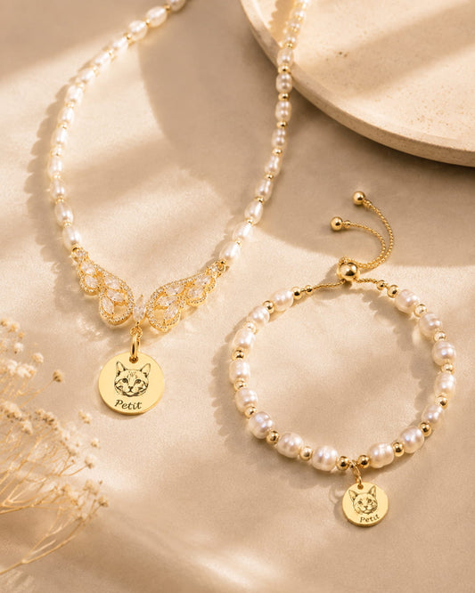 Personalized pet angel wings pearl necklace and bracelet set with custom pet photo and engraved name.