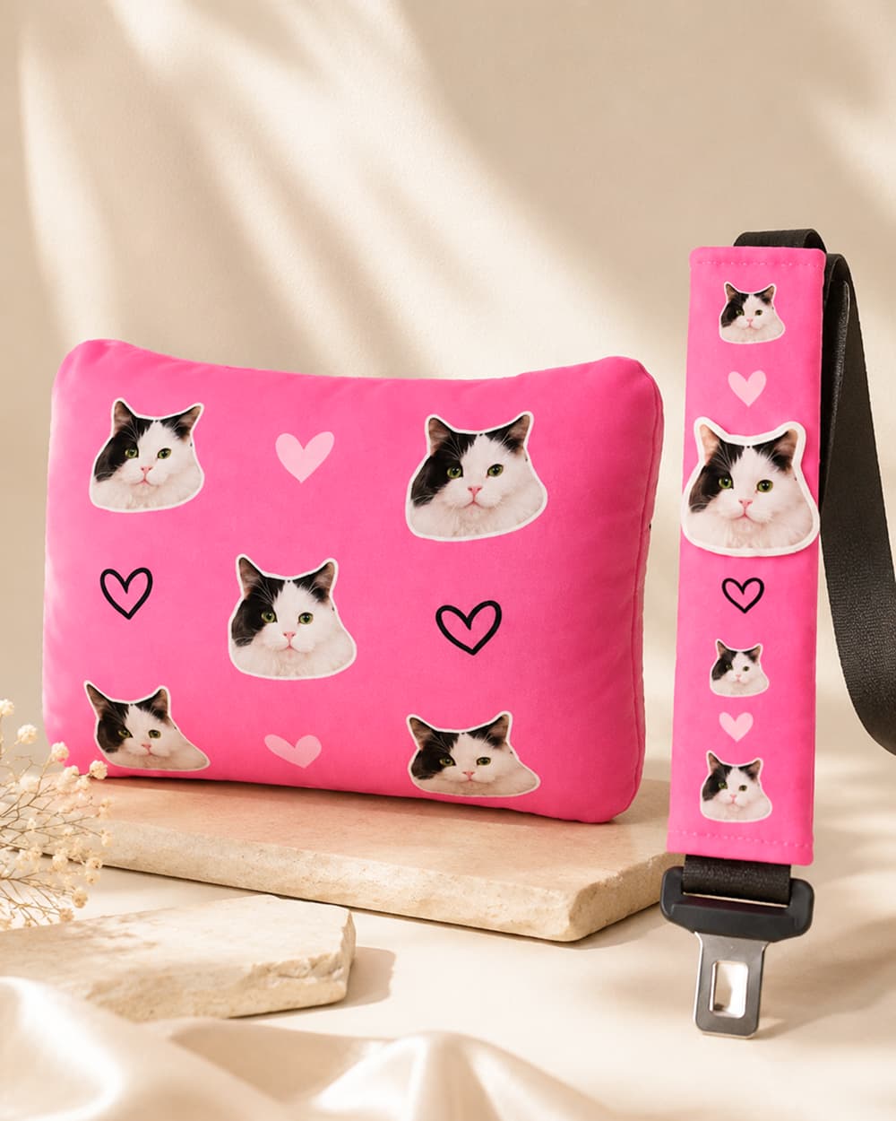 Personalized pet photo car seat belt cover and headrest pillow set with custom cat portrait, soft twill fabric seat belt cover and plush car neck pillow for pet lovers.