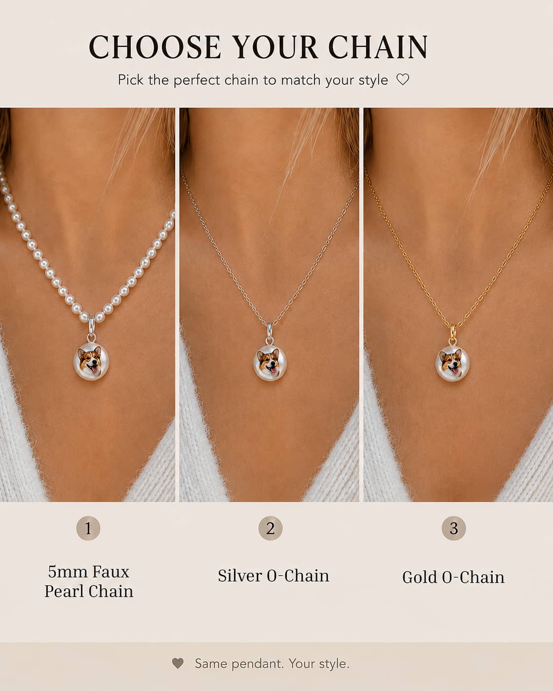 Pearl necklace chain options for personalized pet portrait pendant