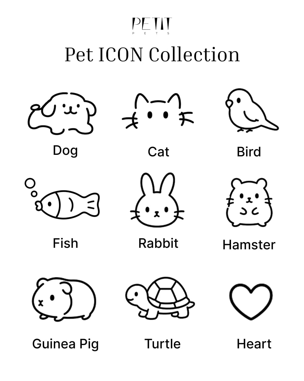 Pet icon options including dog, cat, bird, rabbit, fish, hamster, guinea pig and turtle.
