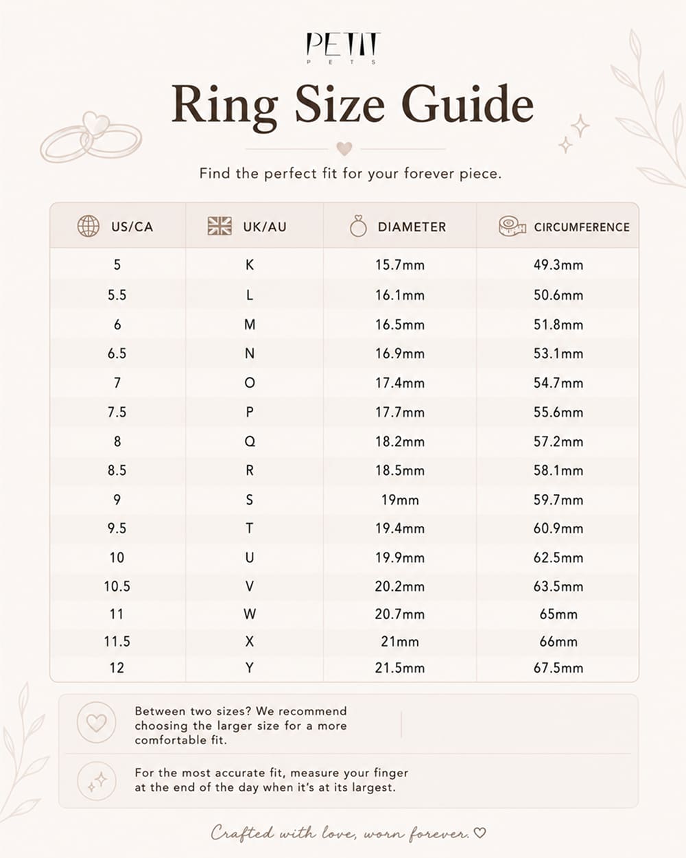 Ring size guide for personalized pet memorial rings.