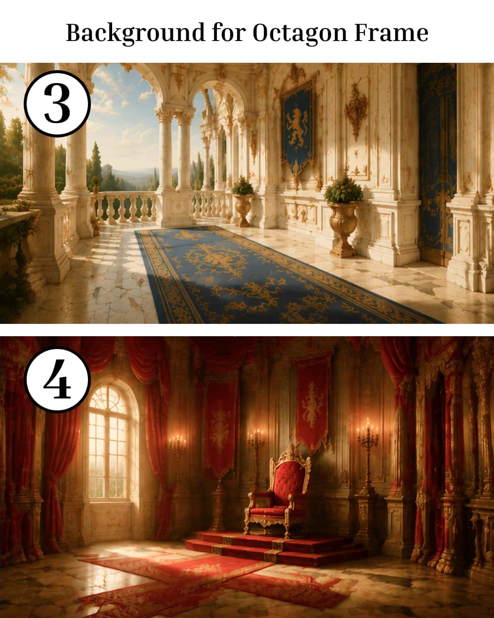 Additional royal pet portrait background options for custom pet frame artwork.