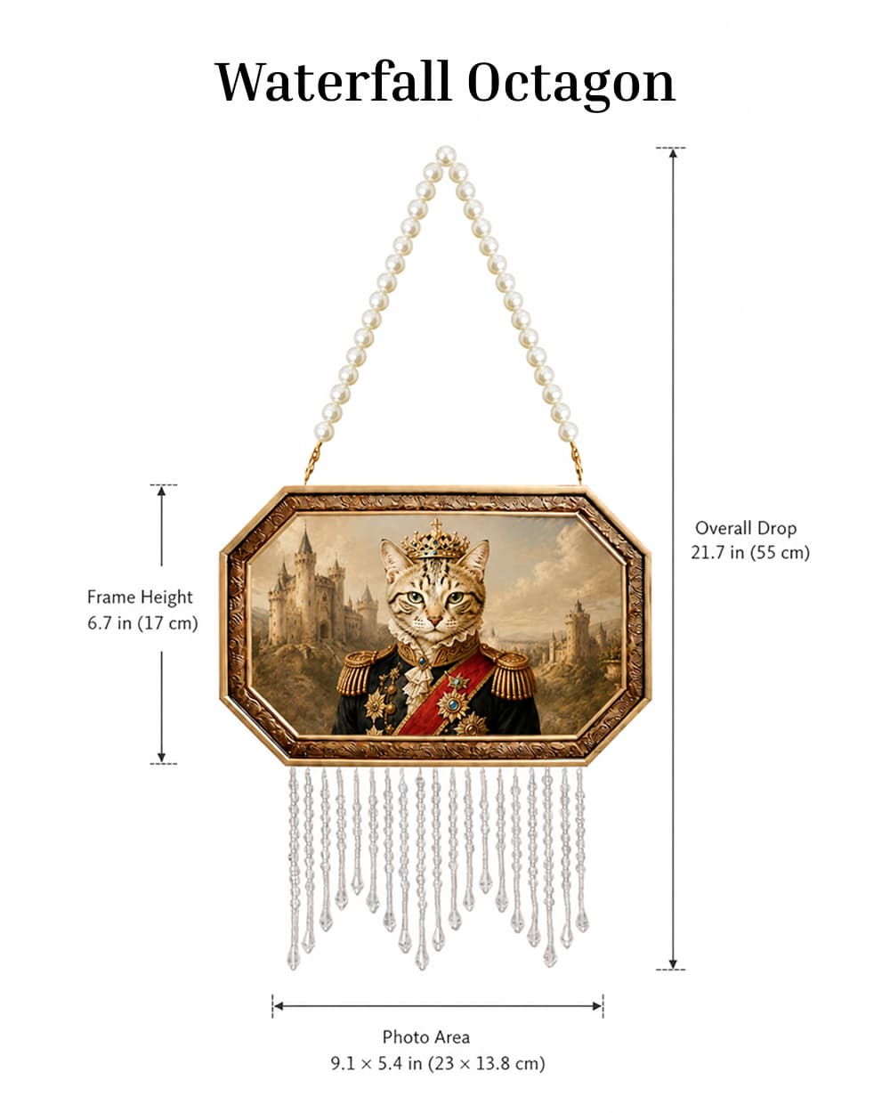 Waterfall Octagon custom royal pet portrait frame size guide for wall display.