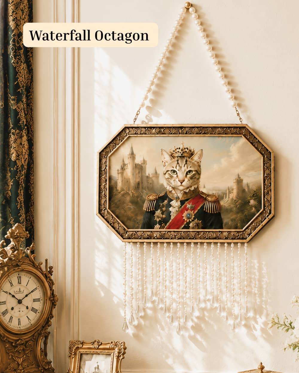 Waterfall Octagon royal pet portrait frame with pearl hanging details for personalized wall decor.