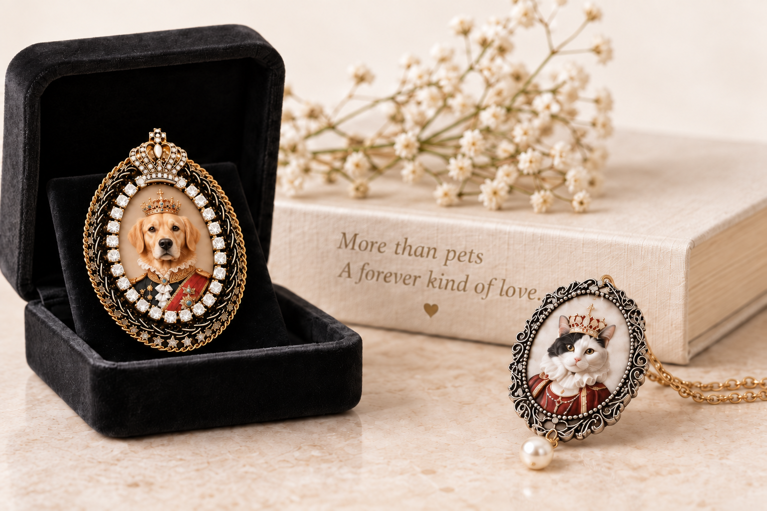 Crystal Royal dog brooch and silver Royal cat brooch displayed with Petit Pets gift packaging