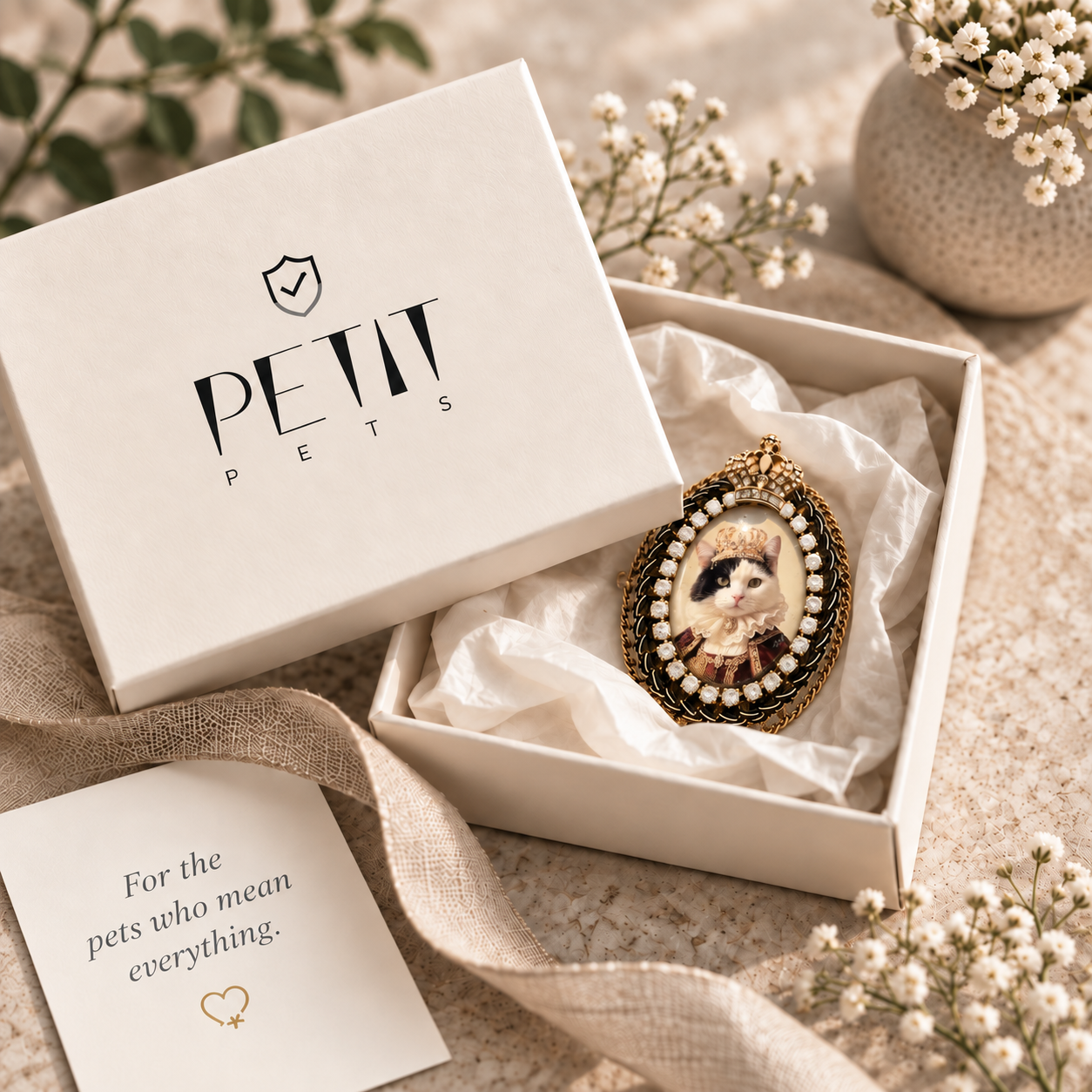 Crystal Royal custom pet portrait brooch packed in a Petit Pets gift box