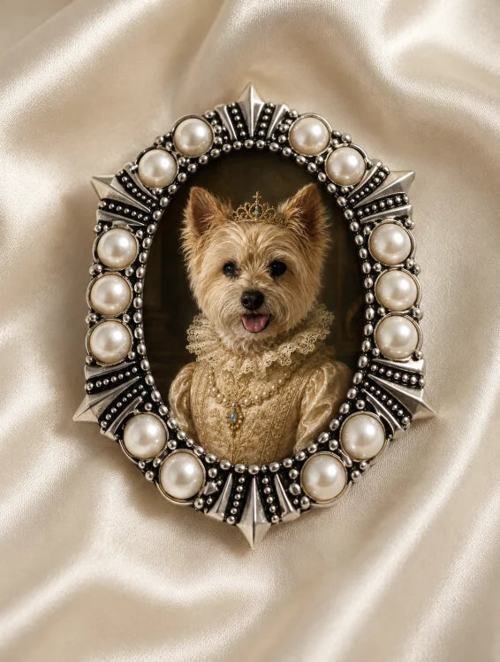 Finished pearl-frame brooch with a small dog royal portrait